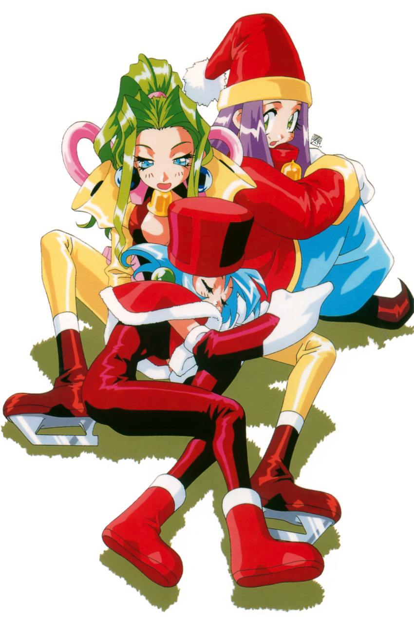 1990s_(style), 3girls, bell, blue_eyes, boots, cello_(lamune), closed_eyes, drum_(lamune)