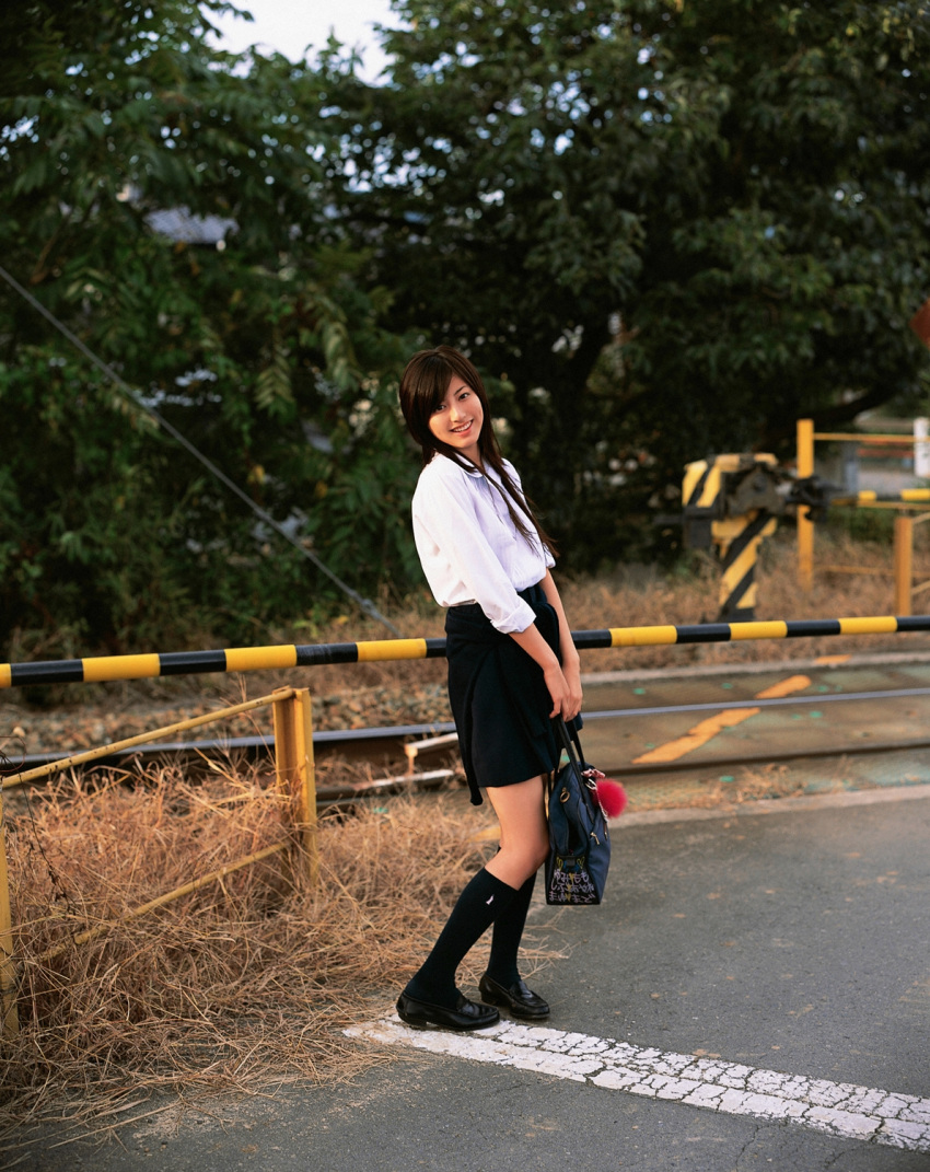 cosplay, knee_socks, photo, school_uniform, sugimoto_yumi, train_tracks