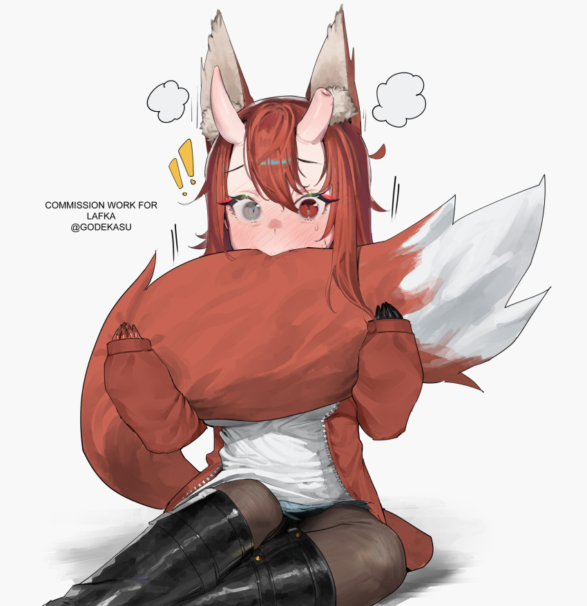 !!, 1girl, animal_ears, biting, blush, broken_horn, brown_legwear, commission