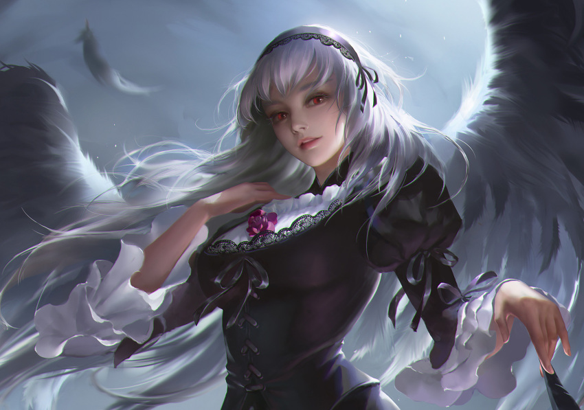 1girl, bangs, black_dress, black_ribbon, black_wings, chelsea_sun, commentary, cross-laced_clothes