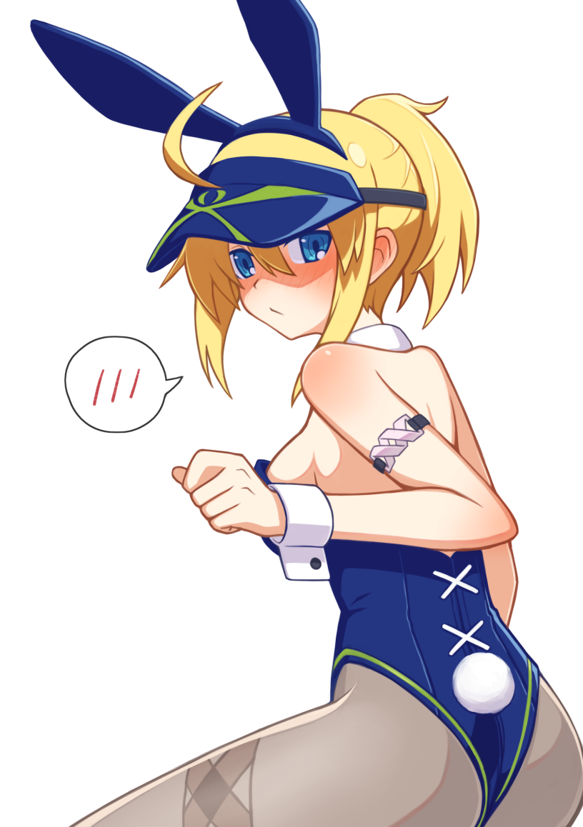 1girl, ahoge, animal_ears, artoria_pendragon_(all), back, bangs, blonde_hair, blue_eyes, blue_headwear, blue_leotard, blush, breasts, bunny_tail, bunnysuit, detached_collar, fake_animal_ears, fate/grand_order, fate_(series), grey_legwear, hair_between_eyes, hair_through_headwear, hibun_tsukasa, highleg, highleg_leotard, large_breasts, leotard, long_hair, looking_at_viewer, looking_back, mysterious_heroine_xx_(foreigner), pantyhose, ponytail, rabbit_ears, sidelocks, simple_background, spoken_blush, tail, visor_cap, white_background, wrist_cuffs