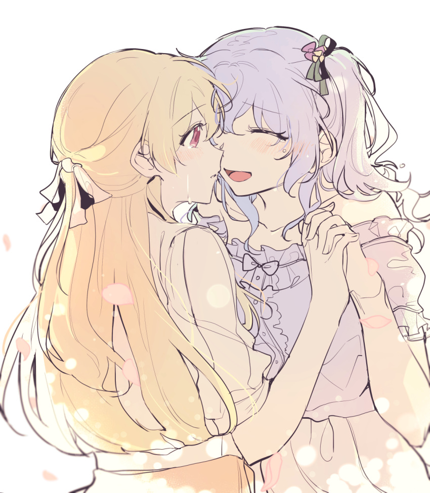 2girls, bang_dream!, bare_shoulders, blonde_hair, crying, eyebrows_visible_through_hair, hair_ribbon, half_updo