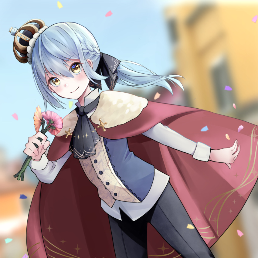 1other, androgynous, bangs, blue_hair, blurry, blurry_background, cape, closed_mouth