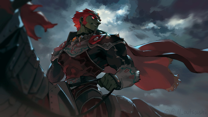 1boy, armor, belt, blanco026, blurry, blurry_foreground, cape, clouds
