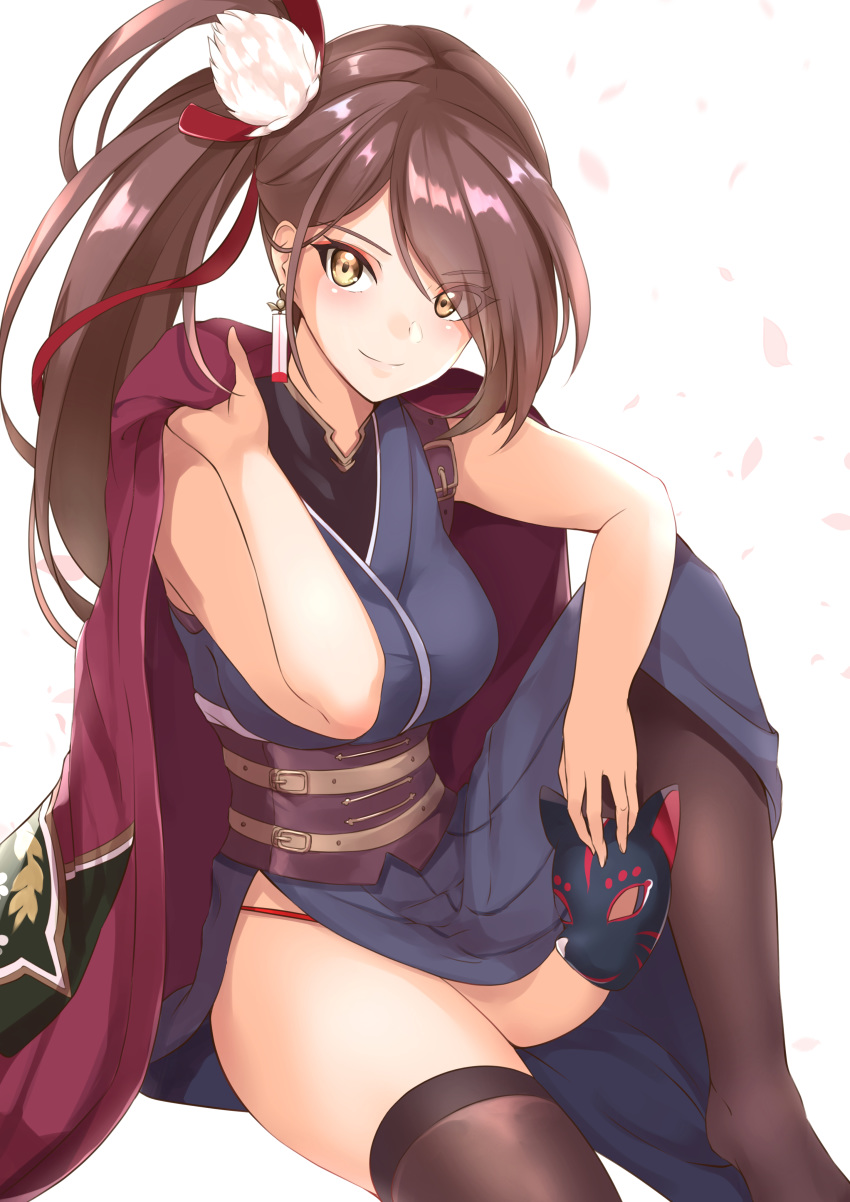 1girl, absurdres, azur_lane, black_kimono, breasts, brown_hair, brown_legwear, corset