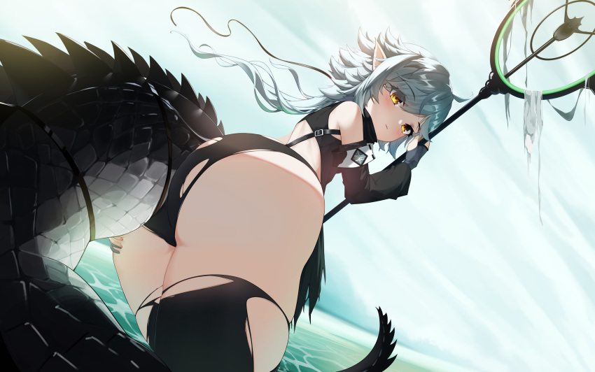 1girl, :3, absurdres, ahoge, arknights, ass, ass_grab, backless_outfit, bangs, bare_shoulders, black_legwear, blush, crocodilian_tail, detached_sleeves, fingerless_gloves, from_behind, gloves, grabbing_own_ass, highres, holding, holding_staff, large_tail, long_hair, looking_at_viewer, looking_back, pointy_ears, shirt, silver_hair, sleeveless, sleeveless_shirt, solo, staff, tail, tail_strap, thigh-highs, thighs, tomimi_(arknights), torn_clothes, torn_legwear, yellow_eyes, zoneky