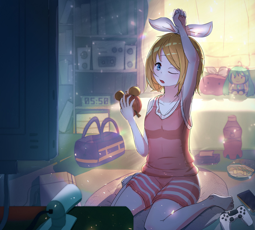 1girl, alarm_clock, arm_up, armpits, bag, bangs, barefoot, blonde_hair, blue_eyes, book, bookshelf, bottle, breasts, character_doll, chips, clock, collarbone, commentary_request, controller, curtains, food, hair_ribbon, handbag, hatsune_miku, highres, holding_alarm_clock, kagamine_rin, lamp, one_eye_closed, open_mouth, pillow, pink_tank_top, potato_chips, ribbon, sitting, small_breasts, solo, spiel_(yfnw7477), stereo, swept_bangs, tank_top, tears, television, tissue, tissue_box, toes, vocaloid, wariza