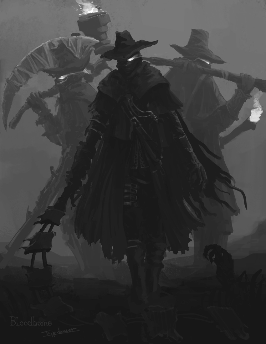 3boys, absurdres, bloodborne, cape, cloak, coat, commentary, death, english_text, fire, gloves, glowing, glowing_eyes, greyscale, hat, hat_over_one_eye, highres, holding, holding_scythe, holding_sword, holding_torch, holding_weapon, hunting, monochrome, multiple_boys, nightmare_hunter_(bloodborne), outdoors, over_shoulder, scythe, shaded_face, signature, standing, sword, torch, torn_cape, torn_cloak, torn_clothes, tripdancer, walking, weapon, weapon_over_shoulder