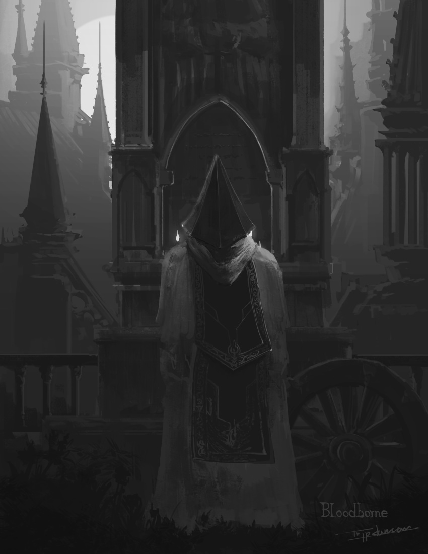 1boy, alfred_(bloodborne), bloodborne, building, cloak, commentary, copyright_name, from_behind, grey_cloak, helmet, highres, hood, hood_down, logarius_wheel, male_focus, monochrome, outdoors, railing, scenery, signature, solo, standing, statue, tripdancer, weapon, wheel
