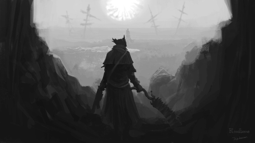 2others, ambiguous_gender, artist_name, beach, bloodborne, boots, capelet, clouds