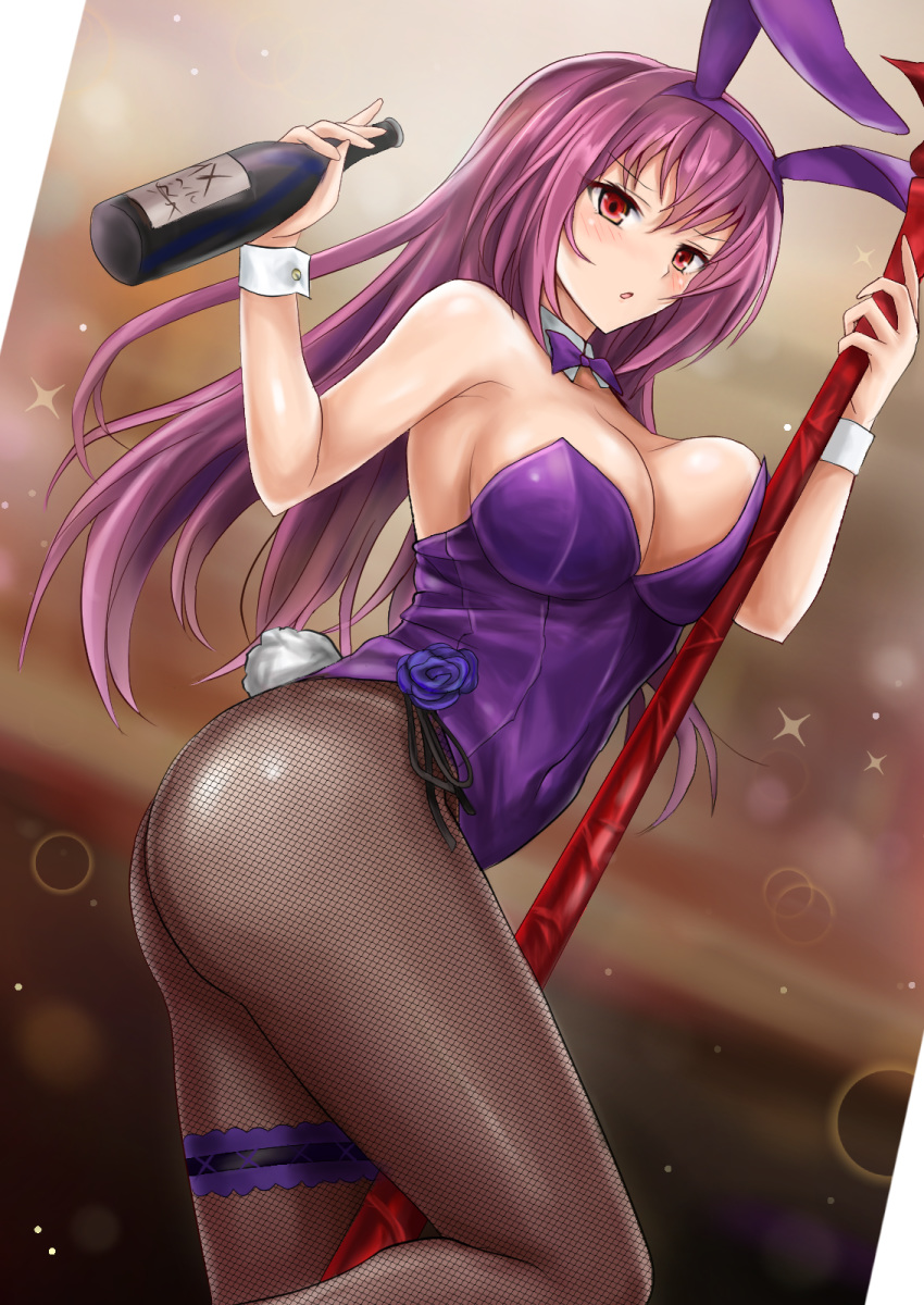 1girl, animal_ears, ass, bangs, blush, bottle, breast_press, breasts
