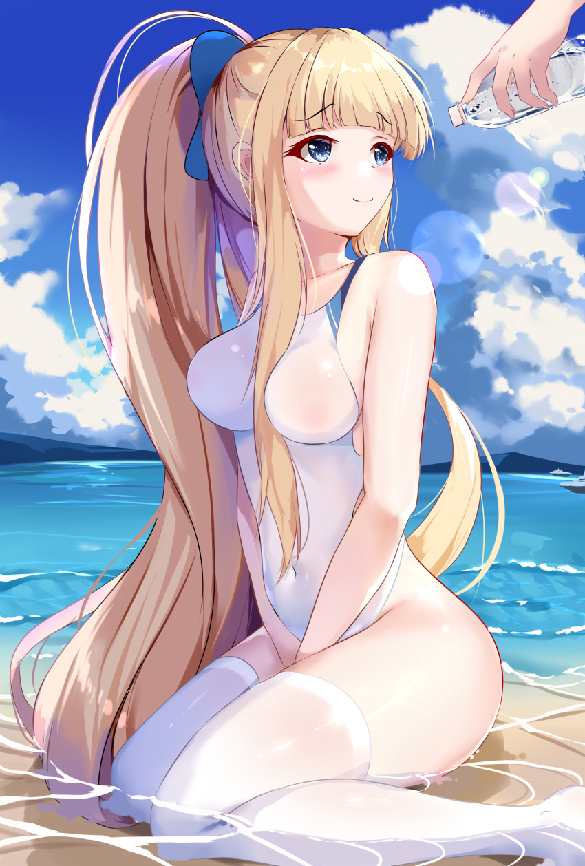1girl, absurdres, azur_lane, bangs, beach, between_legs, blonde_hair, blue_eyes