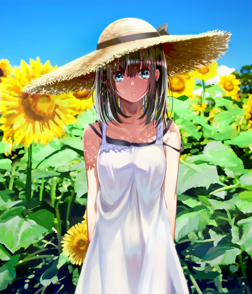 1girl, absurdres, bangs, black_hair, blue_eyes, blue_sky, clouds, commentary