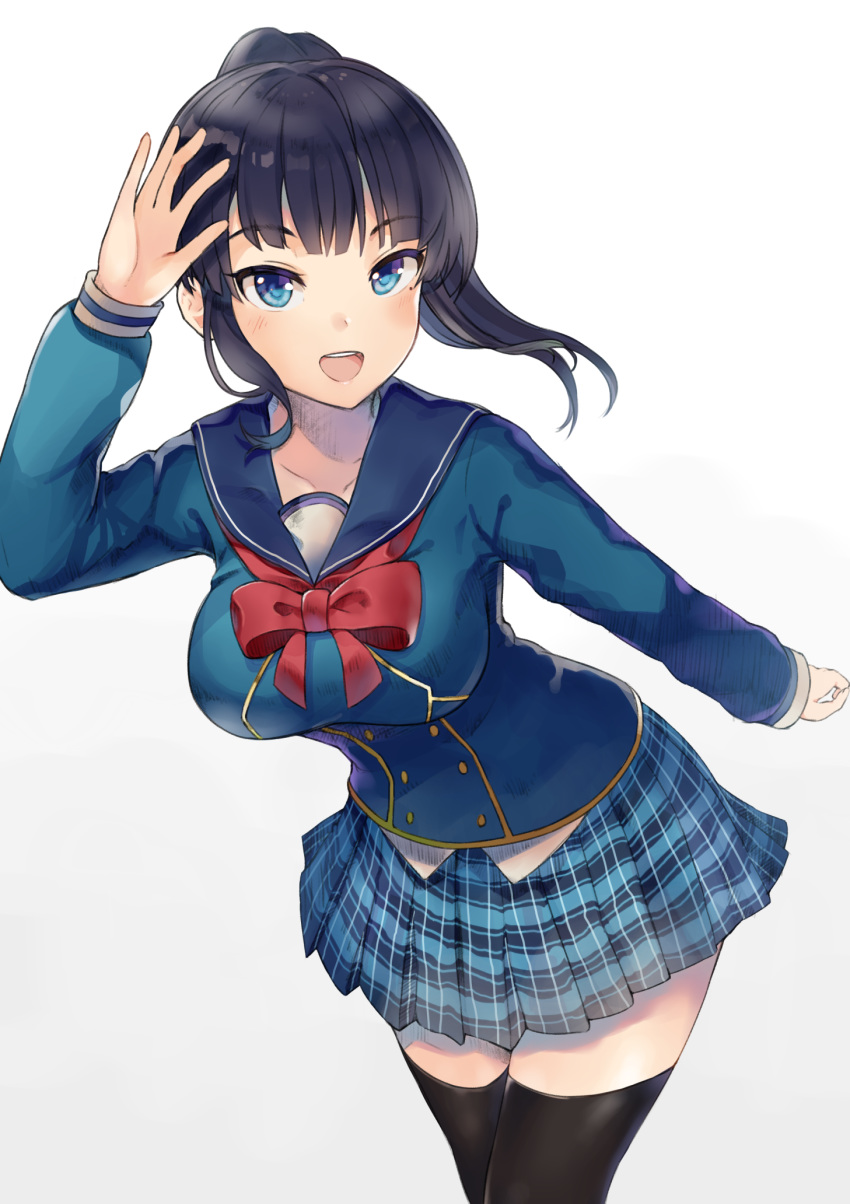 1girl, :d, aoi_ch., arm_up, bangs, black_hair, black_legwear, blue_eyes, blue_skirt, blunt_bangs, breasts, commentary_request, eyebrows_visible_through_hair, fuji_aoi, highres, large_breasts, leaning_forward, looking_at_viewer, mattsun_(kai), open_hand, open_mouth, plaid, plaid_skirt, ponytail, red_ribbon, ribbon, skirt, smile, solo, thigh-highs, virtual_youtuber, white_background, zettai_ryouiki