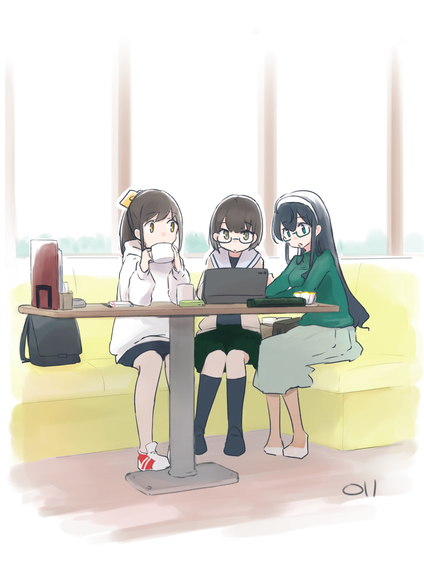 3girls, absurdres, black-framed_eyewear, black_hair, black_legwear, blue_eyes, c2-chan, c2_kikan