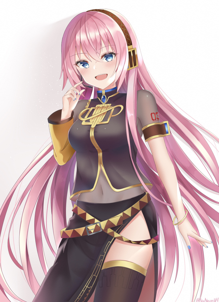 1girl, absurdres, armband, belt, black_legwear, black_shirt, black_skirt, blue_eyes