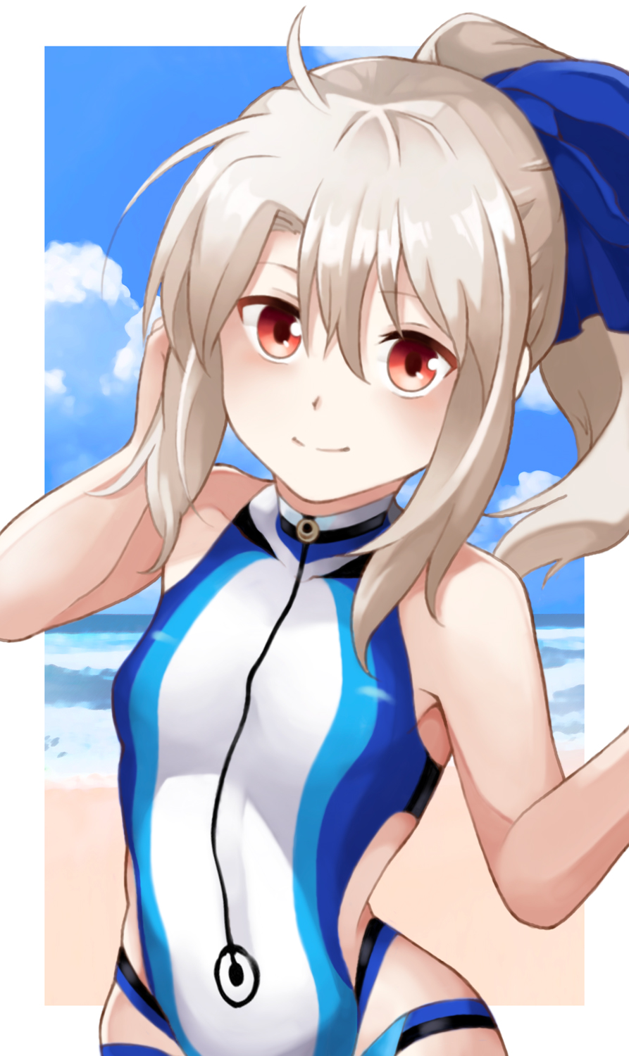 1girl, 352672, bangs, bare_shoulders, beach, blue_bow, blue_sky, blue_swimsuit