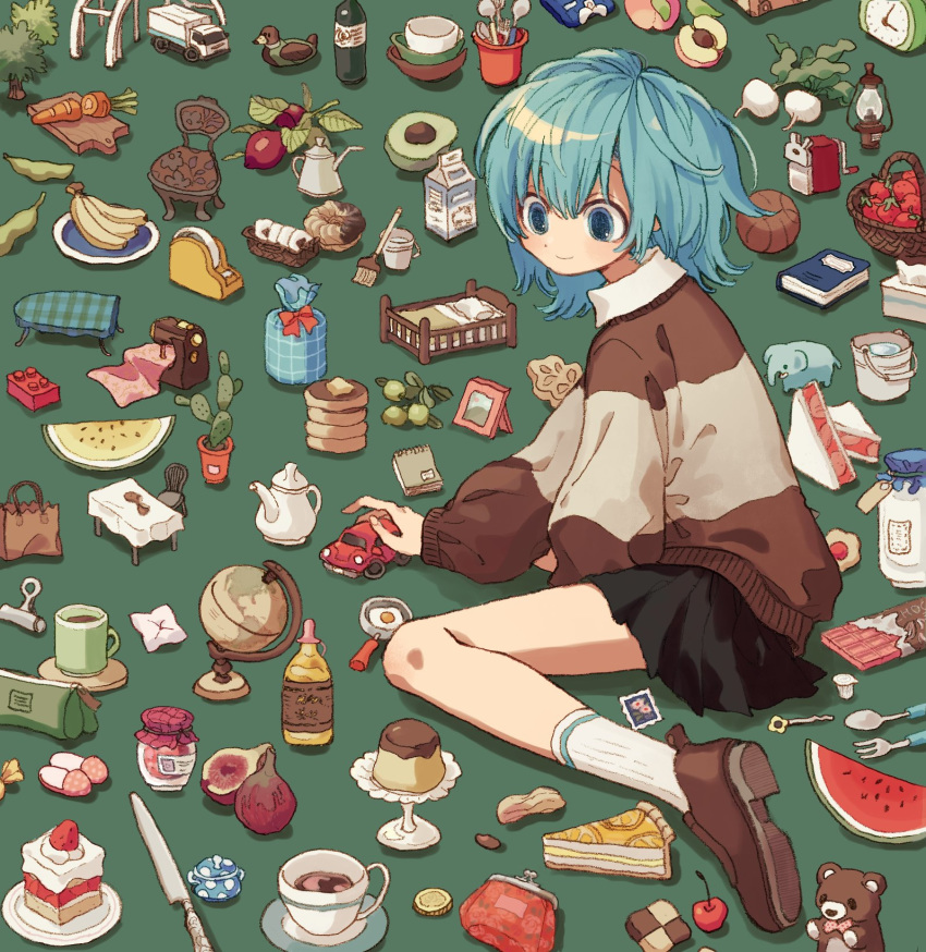 1girl, apple, avocado, basket, basketball, beans, black_skirt, blue_eyes