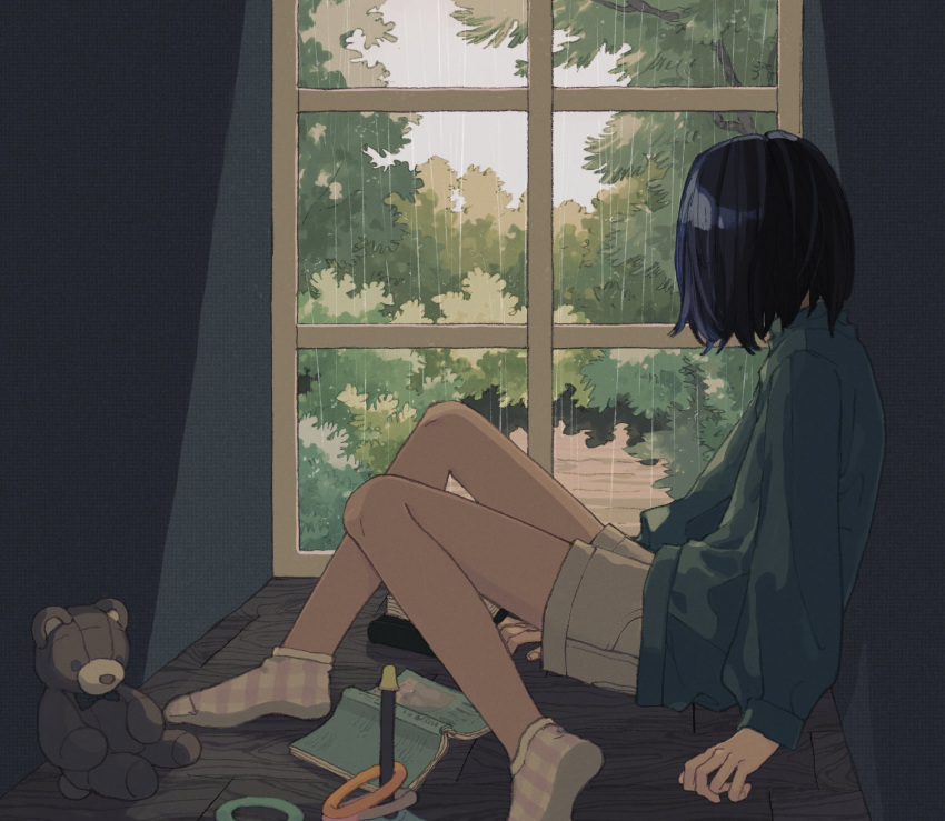 1girl, black_hair, book, bush, facing_away, fingernails, from_side, green_sweater