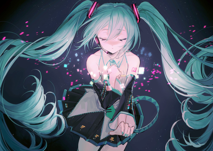 1girl, absurdly_long_hair, aisarenakute_mo_kimi_ga_iru_(vocaloid), aqua_hair, aqua_nails, aqua_neckwear, bare_shoulders, black_background, black_skirt, black_sleeves, commentary, cowboy_shot, detached_sleeves, facing_viewer, floating_hair, glowing, grey_shirt, hair_ornament, hand_on_own_chest, hatsune_miku, headphones, headset, highres, light_particles, long_hair, miniskirt, nail_polish, necktie, outstretched_arm, pleated_skirt, reaching_out, rumoon_cocoa, shirt, shoulder_tattoo, skindentation, skirt, sleeveless, sleeveless_shirt, solo, tattoo, thigh-highs, twintails, very_long_hair, vocaloid