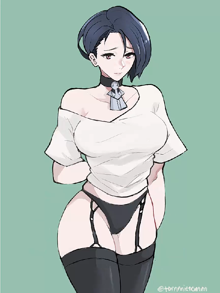 1girl, animated, arms_at_sides, arms_behind_back, asymmetrical_hair, bangs, black_choker, black_hair, black_legwear, black_panties, blush, breasts, choker, cleavage, closed_mouth, collarbone, cowboy_shot, embarrassed, fire_emblem, fire_emblem:_three_houses, garter_belt, green_background, groin, groin_tendon, jewelry, large_breasts, legs_together, lifted_by_self, light_smile, looking_at_viewer, no_pants, off_shoulder, open_mouth, pajamas_challenge, panties, pendant, raised_eyebrows, shamir_nevrand, shirt, short_hair, short_sleeves, simple_background, skindentation, solo, standing, straight_hair, swept_bangs, t-shirt, taut_clothes, taut_shirt, the_kingduke, thigh-highs, thighs, twitter_username, underwear, video, violet_eyes, white_shirt