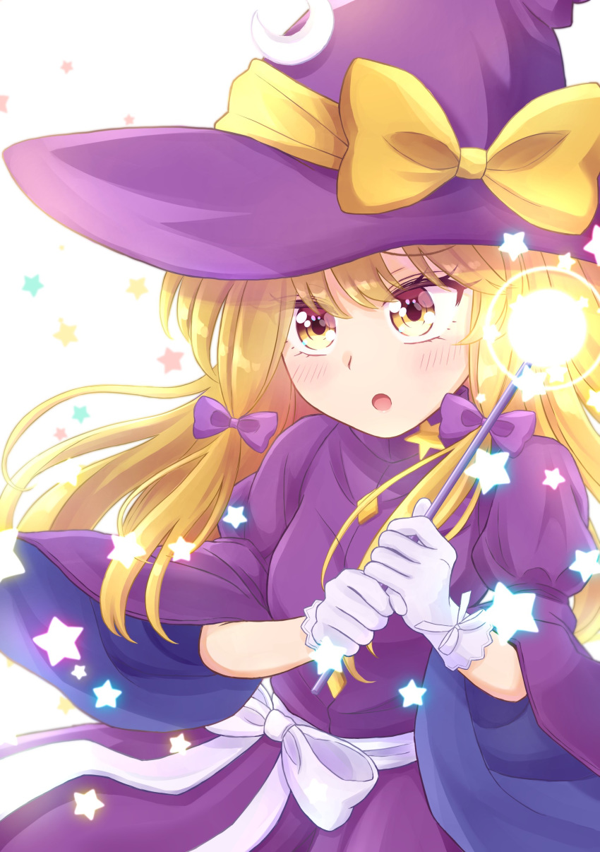 absurdres, blonde_hair, blush, bow, cowboy_shot, crescent, crescent_moon, crescent_moon_pin, dress, eyebrows_visible_through_hair, gloves, haruki_reimari, hat, hat_bow, highres, holding, holding_wand, juliet_sleeves, kirisame_marisa, kirisame_marisa_(pc-98), long_hair, long_sleeves, moon, open_mouth, puffy_sleeves, purple_bow, purple_dress, simple_background, star_(sky), touhou, touhou_(pc-98), wand, white_background, white_bow, witch_hat, yellow_bow, yellow_eyes