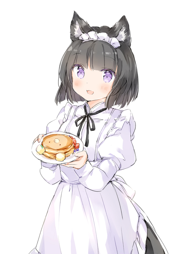 1girl, :d, animal_ear_fluff, animal_ears, apron, bangs, black_hair, black_ribbon