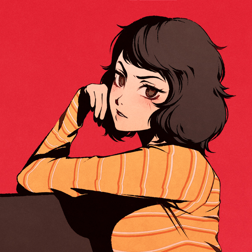 1girl, bob_cut, brown_eyes, brown_hair, close-up, hand_on_own_face, kawakami_sadayo, light_blush
