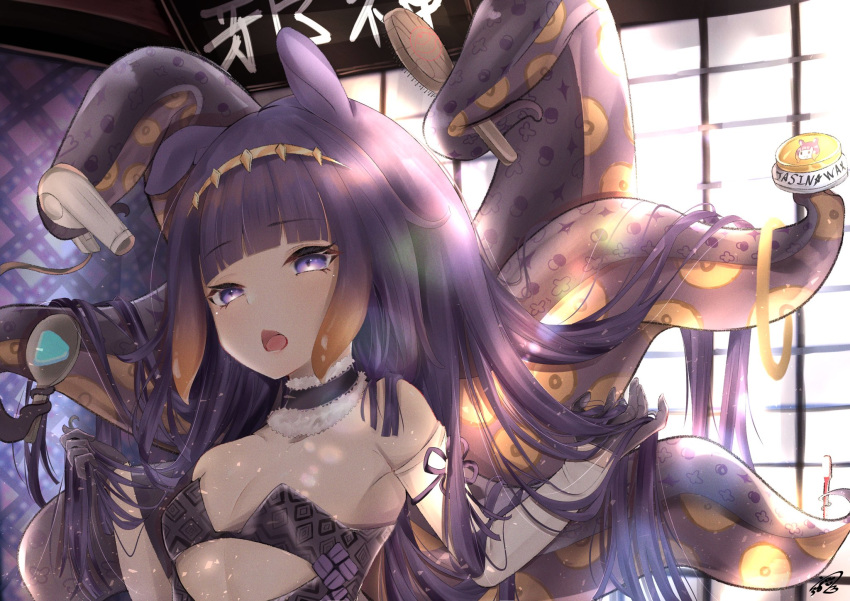 1girl, arm_ribbon, bangs, bare_shoulders, black_gloves, blunt_bangs, breasts, detached_sleeves, dress, fur_collar, gloves, halo_removed, highres, holding, holding_brush, holding_hair, holding_hair_dryer, holding_mirror, holding_toothbrush, hololive, hololive_english, indoors, logo, long_hair, mirror, monster_girl, ninomae_ina'nis, open_mouth, purple_hair, ribbon, signature, single_detached_sleeve, small_breasts, solo, strapless, tentacle_hair, tentacle_hold, tentacles, tiara, toothbrush, upper_body, urotare, very_long_hair, violet_eyes, virtual_youtuber