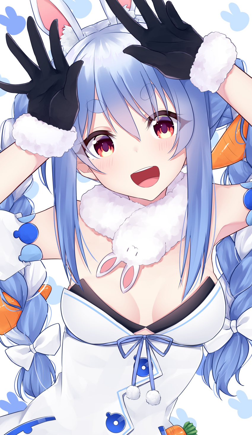 1girl, :d, absurdres, animal_ear_fluff, animal_ears, animal_print, black_gloves, blue_hair