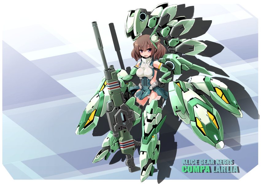 1girl, alice_gear_aegis, brown_hair, clenched_hand, copyright_name, gun, hand_on_hip, highres