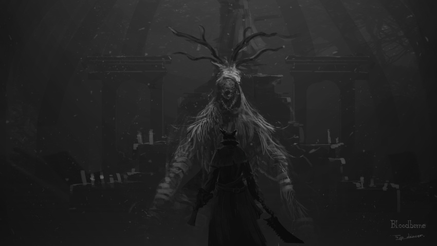 antlers, arms_at_sides, artist_name, bandages, beast, belt, bloodborne, brown_belt