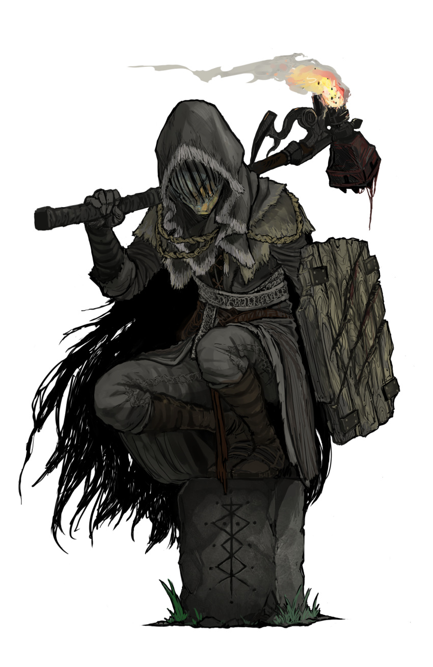 1other, ambiguous_gender, bloodborne, brown_coat, brown_footwear, capelet, coat, commentary_request, facing_viewer, feather-trimmed_coat, feather_trim, flaming_weapon, full_body, fur_trim, gloves, grass, grey_pants, hammer, helm, helmet, highres, holding, holding_hammer, holding_shield, holding_weapon, hood, hood_up, linne_(ruielinne), long_sleeves, over_shoulder, pants, shield, simple_background, squatting, tombstone, weapon, weapon_over_shoulder, white_background, wooden_shield
