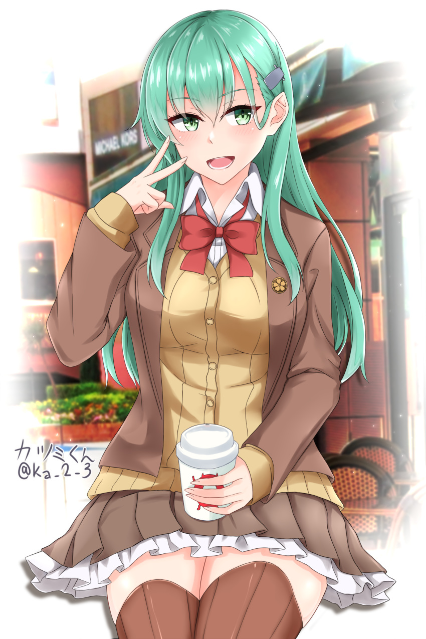 1girl, absurdres, ascot, blazer, bow, bowtie, brown_jacket, brown_legwear