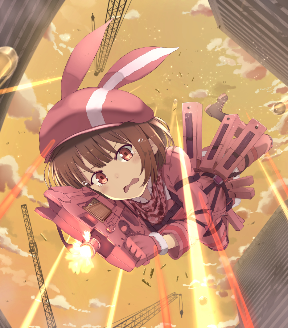 1girl, animal_hat, battle, brown_hair, building, bullet, bullet_line, bullpup