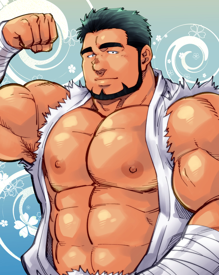 1boy, abs, absurdres, bandages, bara, bare_chest, bare_shoulders, beard, black_hair, chest, facial_hair, flexing, highres, looking_at_viewer, male_focus, manly, muscle, nipples, original, pose, shiny, shiny_skin, sideburns, sleeveless, solo, terujirou_(masateruteru), torn_clothes, veins