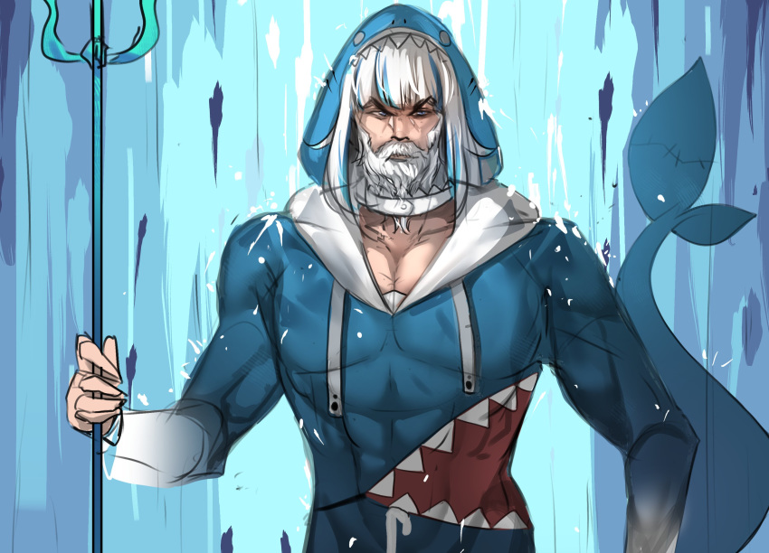1boy, aquaman_(dc), beard, blue_eyes, blue_hair, comedy, dc_comics, facial_hair