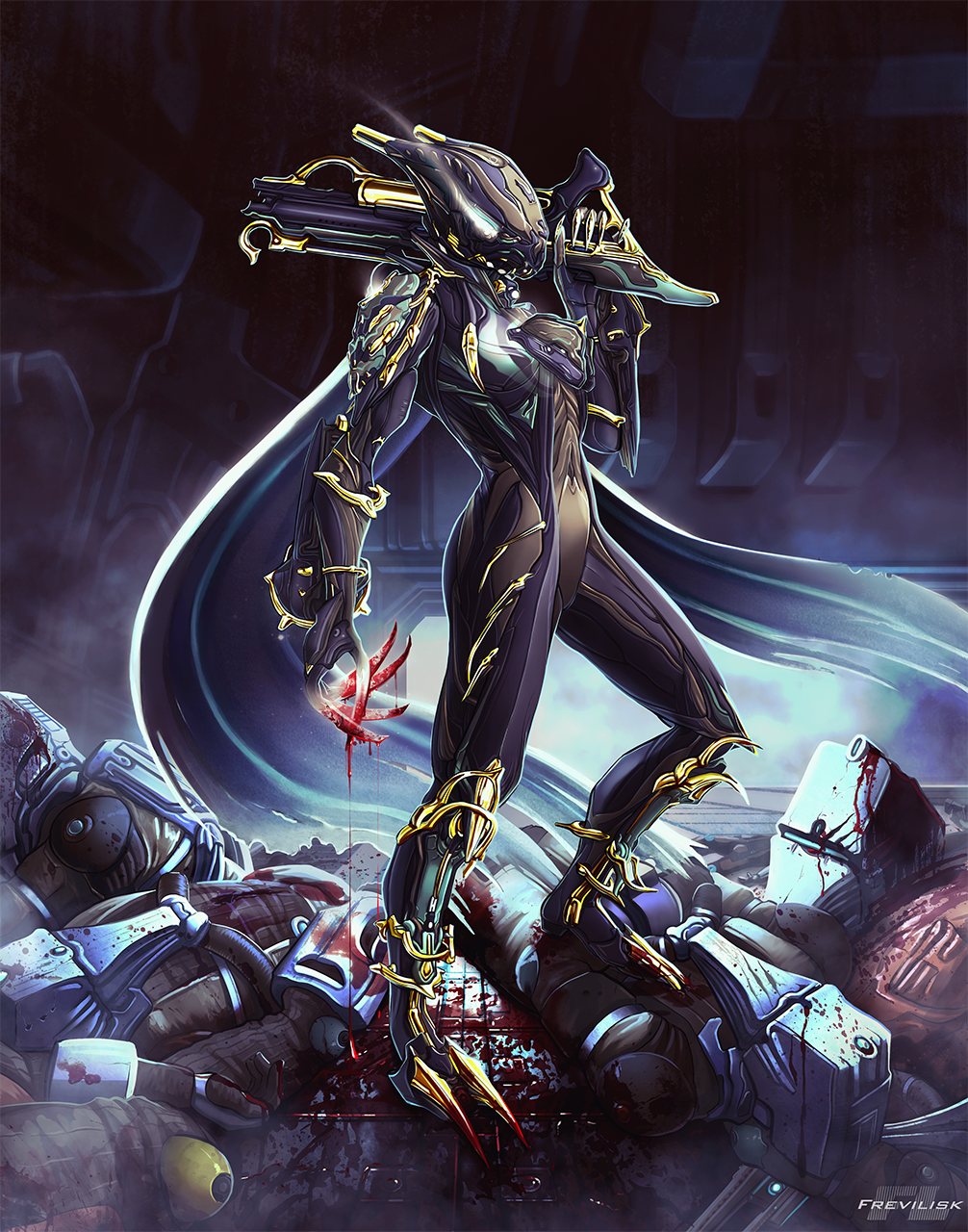 1girl, after_battle, android, artist_name, blood, blood_splatter, bloody_hands, cape, claws, commentary, commission, corpse, english_commentary, faceless, frevilisk, full_body, gun, highres, holding, holding_gun, holding_weapon, joints, rifle, robot_joints, solo_focus, talons, valkyr_(warframe), warframe, weapon