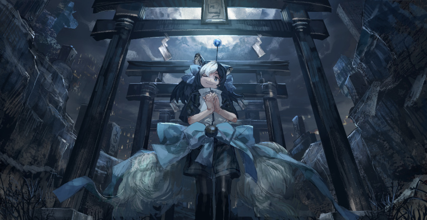 1boy, animal_ears, antennae, black_legwear, blue_eyes, blue_hair, closed_mouth, fox_ears
