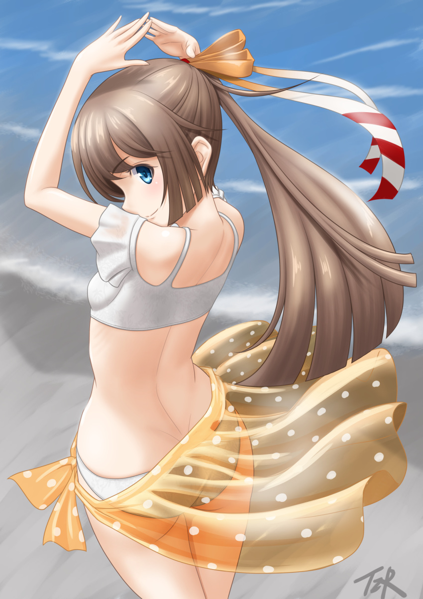 1girl, arms_up, beach, bikini, brown_hair, from_behind, grey_eyes, hair_ribbon