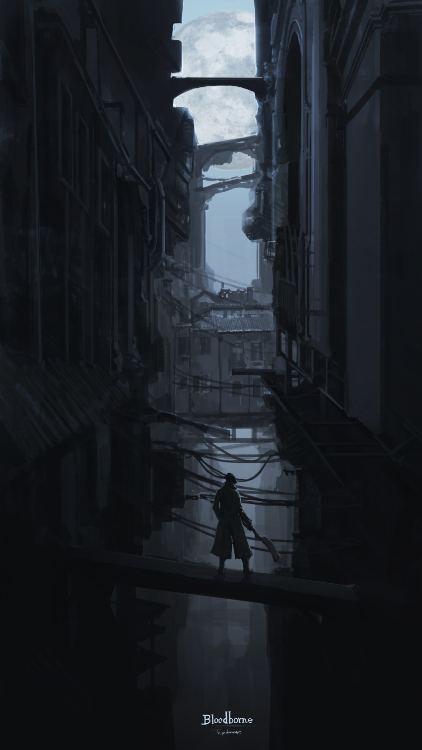 1other, absurdres, ambiguous_gender, bloodborne, brown_coat, building, city, coat, copyright_name, doodle, facing_away, from_behind, hat, highres, holding, holding_weapon, hunter_(bloodborne), moon, outdoors, ruins, saw_cleaver, scenery, signature, solo, standing, tripdancer, weapon, widescreen