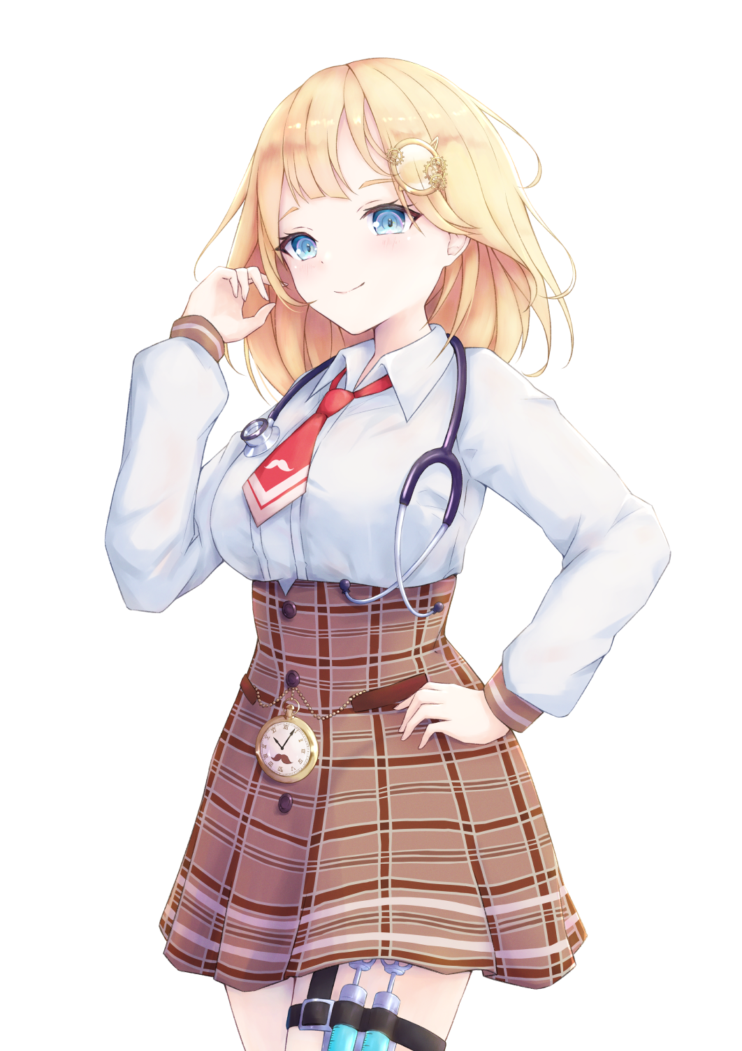 1girl, adjusting_hair, bangs, blonde_hair, blue_eyes, brown_skirt, collared_shirt, cowboy_shot