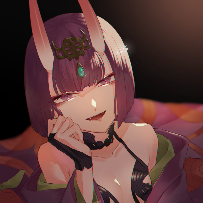 1girl, absurdres, ageharuuu, bangs, bare_shoulders, black_background, bob_cut, breasts, collarbone, eyeliner, fangs, fate/grand_order, fate_(series), headpiece, highres, horns, japanese_clothes, kimono, long_sleeves, looking_at_viewer, makeup, off_shoulder, oni, oni_horns, open_mouth, purple_hair, purple_kimono, revealing_clothes, short_hair, shuten_douji_(fate/grand_order), skin-covered_horns, small_breasts, smile, violet_eyes, wide_sleeves