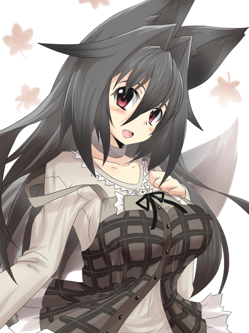 1girl, animal_ears, black_hair, blouse, breasts, brown_eyes, commentary_request, fang, goma_(gomasamune), hair_between_eyes, hair_intakes, hand_on_own_chest, highres, large_breasts, leaf, long_hair, long_sleeves, looking_at_viewer, maple_leaf, open_mouth, original, smile, solo, tail, translation_request, upper_body, white_background