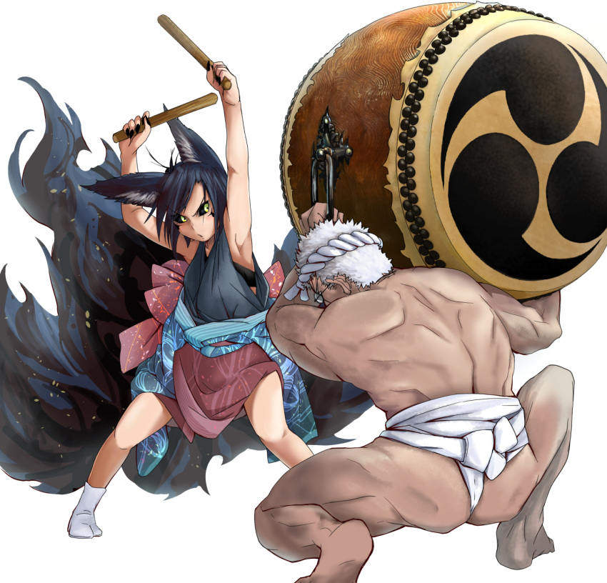 1boy, 1girl, animal_ears, armpits, black_bra, black_hair, black_nails, black_sclera, bra, doitsuken, facial_mark, fingernails, fox_ears, fox_tail, fundoshi, glasses, green_eyes, hands_up, highres, holding, husband_and_wife, instrument, instrument_request, japanese_clothes, kitsune, kitsune_spirit_(doitsuken), legs_apart, mitsudomoe_(shape), multiple_tails, music, nail_polish, original, parted_lips, playing_instrument, short_hair, simple_background, squatting, tabi, tail, tomoe_(symbol), underwear, white_background, white_hair, white_legwear