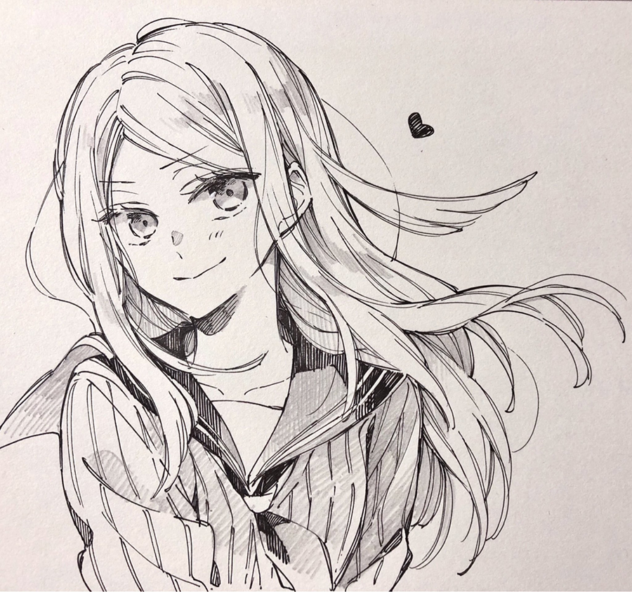 1girl, bangs, hair_flaps, heart, konami_kirie, long_hair, long_sleeves, looking_at_viewer, monochrome, neckerchief, noeru_(putty), photo, school_uniform, serafuku, smile, solo, traditional_media, upper_body, white_background, world_trigger