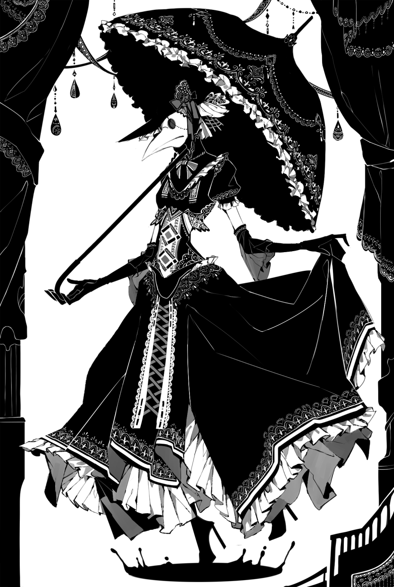1girl, black_gloves, breasts, curtains, dress, frilled_dress, frilled_sleeves, frilled_umbrella, frills, gloves, gothic_lolita, hat, hat_ribbon, high_heels, juerucj, juliet_sleeves, liquid, lolita_fashion, long_sleeves, monochrome, original, parasol, plague_doctor_mask, puffy_short_sleeves, puffy_sleeves, ribbon, ribbon_trim, short_sleeves, skinny, skipping, skirt_hold, small_breasts, solo, umbrella, white_background