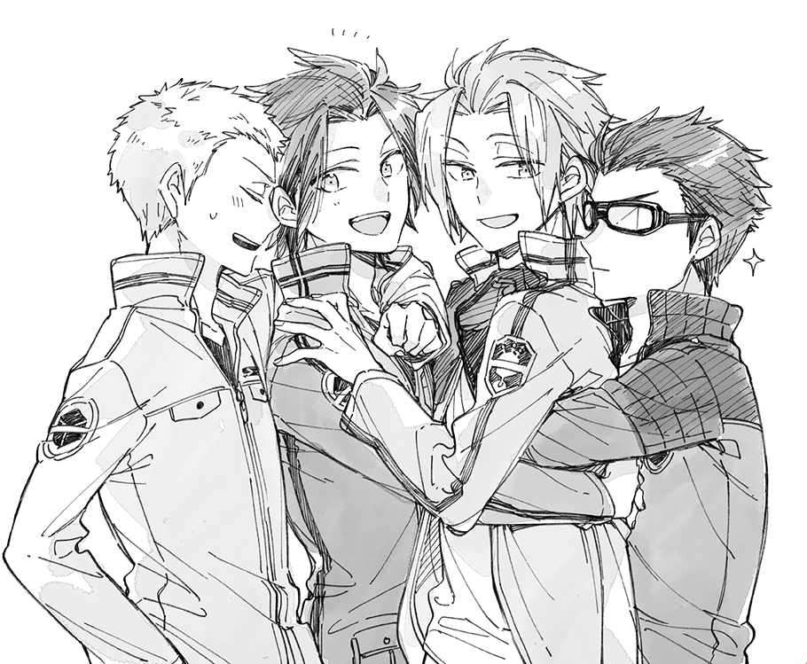 4boys, arashiyama_jun, arm_around_neck, boy_sandwich, closed_eyes, emblem, from_side, group_hug