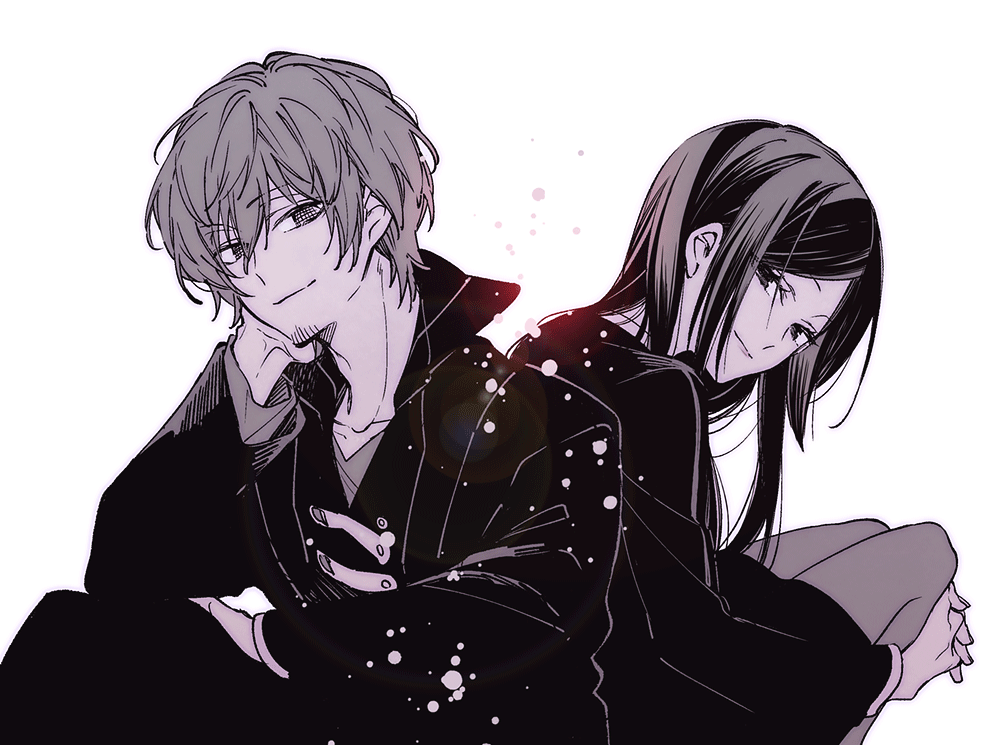 1girl, back-to-back, bangs, coat, formal, hair_between_eyes, hair_over_one_eye, hair_strand