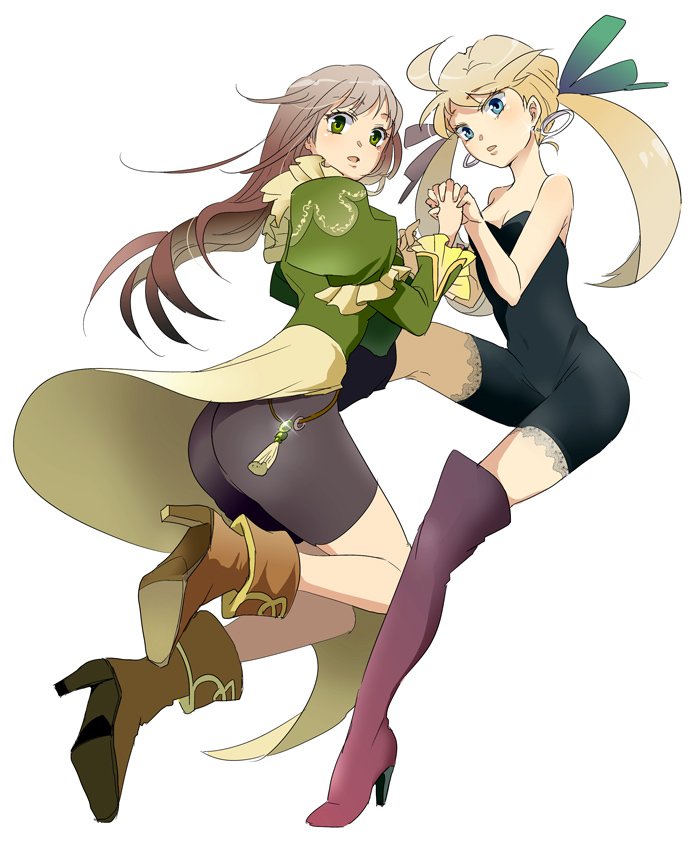 2girls, ass, blonde_hair, blue_eyes, blush, bodysuit, boots, breasts, brown_hair, chimaki_(impressiveanarchy), choker, claudia_(saga), commentary_request, dress, earrings, high_heel_boots, high_heels, jewelry, long_hair, looking_at_viewer, multiple_girls, myriam_(saga), open_mouth, puffy_sleeves, romancing_saga, romancing_saga_minstrel_song, saga, simple_background, thigh-highs, thigh_boots, twintails, white_background